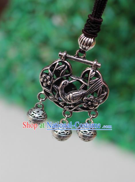 Traditional Chinese Miao Nationality Crafts Jewelry Accessory, Hmong Handmade Miao Silver Bells Tassel Longevity Lock Phoenix Pendant, Miao Ethnic Minority Necklace Accessories Sweater Chain Pendant for Women