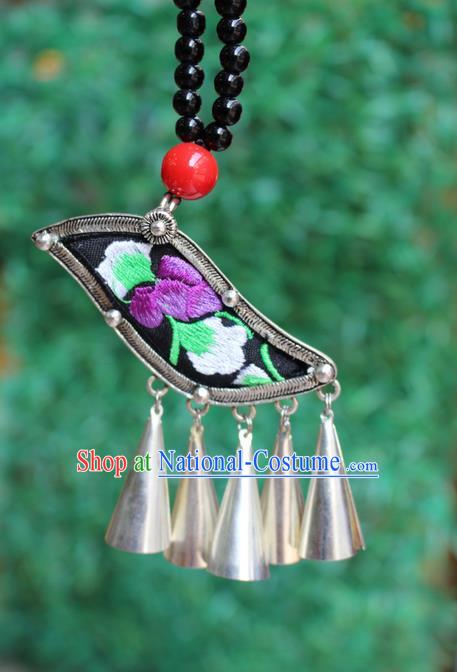 Traditional Chinese Miao Nationality Crafts Jewelry Accessory, Hmong Handmade Miao Silver Bells Tassel Double Side Embroidery Flowers Pendant, Miao Ethnic Minority Bells Black Rope Necklace Accessories Sweater Chain Pendant for Women