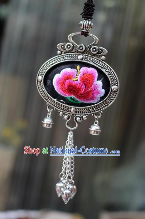 Traditional Chinese Miao Nationality Crafts Jewelry Accessory, Hmong Handmade Miao Silver Bells Tassel Double Side Embroidery Flowers Pendant, Miao Ethnic Minority Bells Necklace Accessories Sweater Chain Pendant for Women