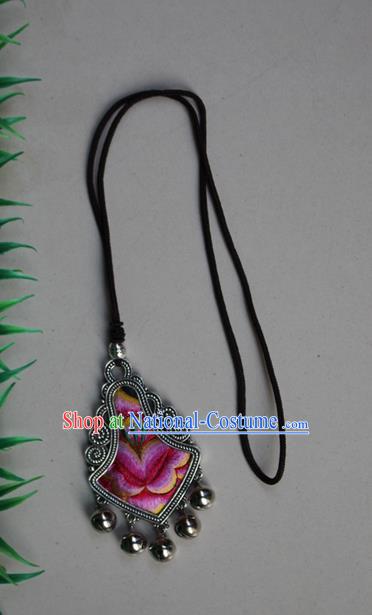 Traditional Chinese Miao Nationality Crafts Jewelry Accessory, Hmong Handmade Miao Silver Embroidery Bells Tassel Pendant, Miao Ethnic Minority Necklace Accessories Sweater Chain Pendant for Women