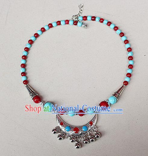 Traditional Chinese Miao Nationality Crafts Jewelry Accessory, Hmong Handmade Miao Silver Bells Tassel Collar, Miao Ethnic Minority Beads Necklace Accessories Headwear for Women