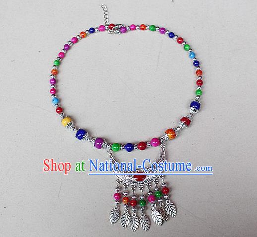 Traditional Chinese Miao Nationality Crafts Jewelry Accessory, Hmong Handmade Miao Silver Bells Tassel Collar, Miao Ethnic Minority Beads Necklace Accessories Headwear for Women