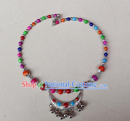 Traditional Chinese Miao Nationality Crafts Jewelry Accessory, Hmong Handmade Miao Silver Bells Tassel Collar, Miao Ethnic Minority Beads Necklace Accessories Headwear for Women