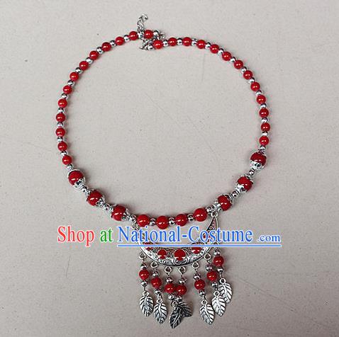 Traditional Chinese Miao Nationality Crafts Jewelry Accessory, Hmong Handmade Miao Silver Bells Tassel Collar, Miao Ethnic Minority Beads Necklace Accessories Headwear for Women