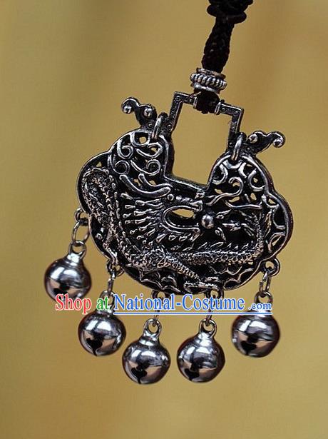 Traditional Chinese Miao Nationality Crafts Jewelry Accessory, Hmong Handmade Miao Silver Bells Tassel Longevity Lock Dragon Pendant, Miao Ethnic Minority Necklace Accessories Sweater Chain Pendant for Women