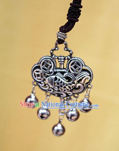 Traditional Chinese Miao Nationality Crafts Jewelry Accessory, Hmong Handmade Miao Silver Bells Tassel Longevity Lock Fish Pendant, Miao Ethnic Minority Necklace Accessories Sweater Chain Pendant for Women