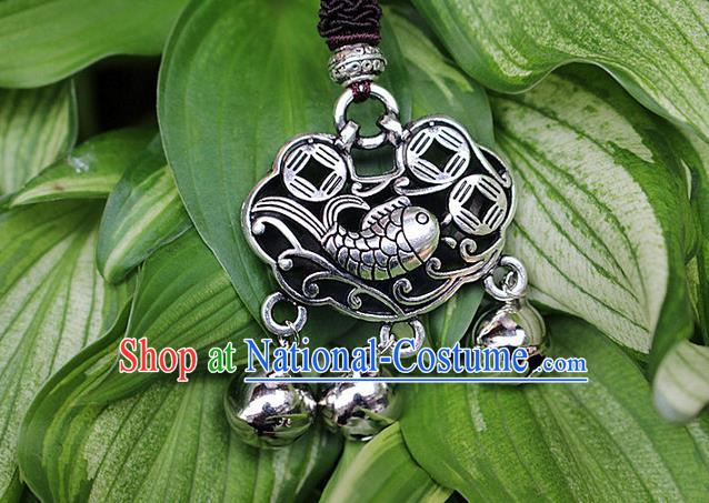 Traditional Chinese Miao Nationality Crafts Jewelry Accessory, Hmong Handmade Miao Silver Bells Tassel Longevity Lock Fish Pendant, Miao Ethnic Minority Necklace Accessories Sweater Chain Pendant for Women