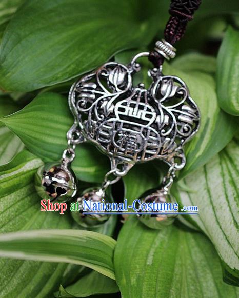 Traditional Chinese Miao Nationality Crafts Jewelry Accessory, Hmong Handmade Miao Silver Bells Tassel Longevity Lock Fortune Pendant, Miao Ethnic Minority Necklace Accessories Sweater Chain Pendant for Women