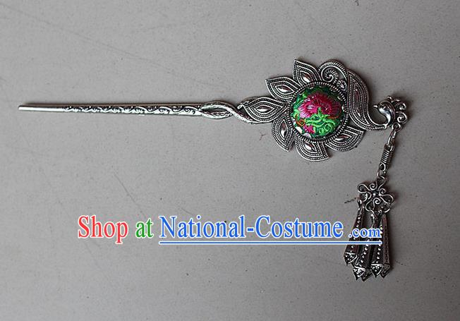 Traditional Chinese Miao Nationality Crafts Jewelry Accessory Classical Hair Accessories, Hmong Handmade Miao Silver Phoenix Palace Lady Tassel Embroidery Hair Sticks Hair Claw, Miao Ethnic Minority Hair Fascinators Hairpins for Women