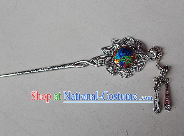 Traditional Chinese Miao Nationality Crafts Jewelry Accessory Classical Hair Accessories, Hmong Handmade Miao Silver Phoenix Palace Lady Tassel Embroidery Hair Sticks Hair Claw, Miao Ethnic Minority Hair Fascinators Hairpins for Women