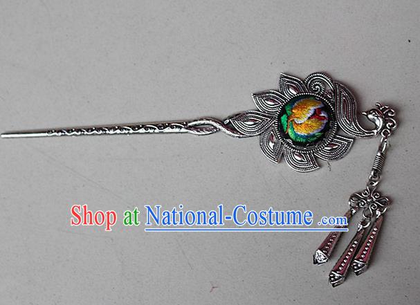 Traditional Chinese Miao Nationality Crafts Jewelry Accessory Classical Hair Accessories, Hmong Handmade Miao Silver Phoenix Palace Lady Tassel Embroidery Hair Sticks Hair Claw, Miao Ethnic Minority Hair Fascinators Hairpins for Women