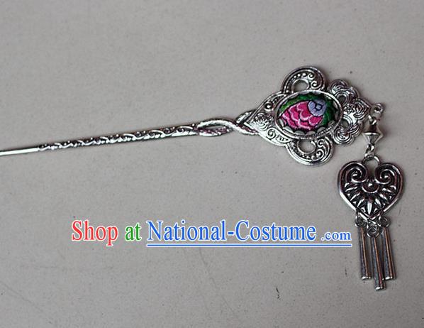 Traditional Chinese Miao Nationality Crafts Jewelry Accessory Classical Hair Accessories, Hmong Handmade Miao Silver Phoenix Palace Lady Tassel Embroidery Hair Sticks Hair Claw, Miao Ethnic Minority Hair Fascinators Hairpins for Women