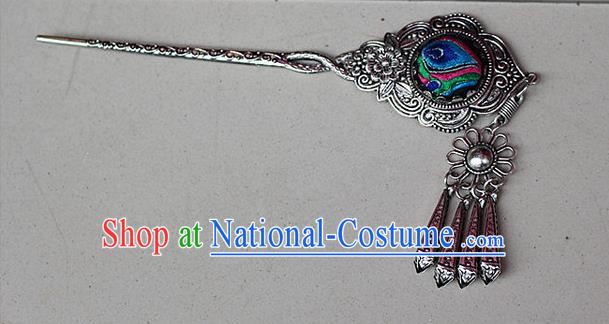 Traditional Chinese Miao Nationality Crafts Jewelry Accessory Classical Hair Accessories, Hmong Handmade Miao Silver Phoenix Palace Lady Tassel Embroidery Hair Sticks Hair Claw, Miao Ethnic Minority Hair Fascinators Hairpins for Women