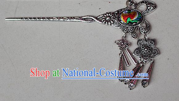 Traditional Chinese Miao Nationality Crafts Jewelry Accessory Classical Hair Accessories, Hmong Handmade Miao Silver Butterfly Palace Lady Tassel Embroidery Hair Sticks Hair Claw, Miao Ethnic Minority Hair Fascinators Hairpins for Women