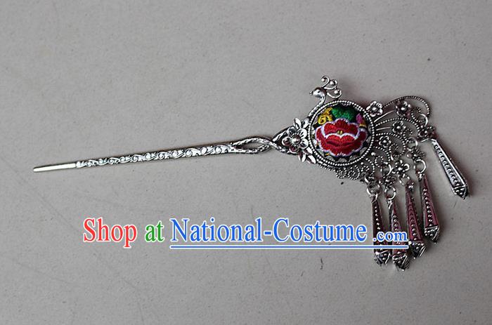 Traditional Chinese Miao Nationality Crafts Jewelry Accessory Classical Hair Accessories, Hmong Handmade Miao Silver Phoenix Palace Lady Tassel Embroidery Hair Sticks Hair Claw, Miao Ethnic Minority Hair Fascinators Hairpins for Women