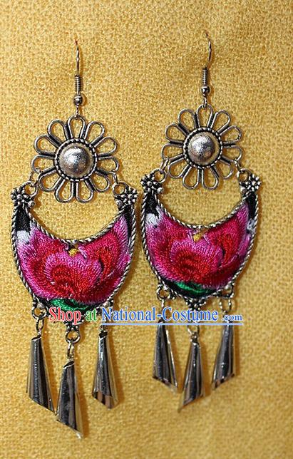 Traditional Chinese Miao Nationality Crafts Jewelry Accessory Classical Earbob Accessories, Hmong Handmade Miao Silver Palace Lady Tassel Embroidery Earrings, Miao Ethnic Minority Eardrop for Women