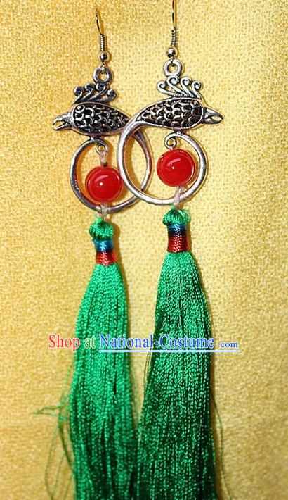 Traditional Chinese Miao Nationality Crafts Jewelry Accessory Classical Earbob Accessories, Hmong Handmade Miao Silver Phoenix Palace Lady Green Silk Tassel Earrings, Miao Ethnic Minority Eardrop for Women