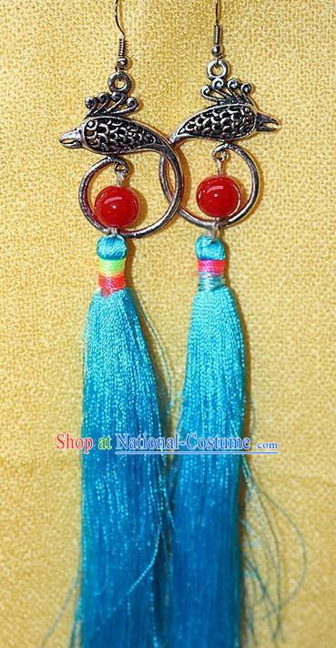 Traditional Chinese Miao Nationality Crafts Jewelry Accessory Classical Earbob Accessories, Hmong Handmade Miao Silver Phoenix Palace Lady Blue Silk Tassel Earrings, Miao Ethnic Minority Eardrop for Women