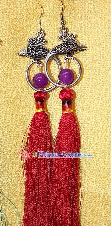 Traditional Chinese Miao Nationality Crafts Jewelry Accessory Classical Earbob Accessories, Hmong Handmade Miao Silver Phoenix Palace Lady Red Silk Tassel Earrings, Miao Ethnic Minority Eardrop for Women