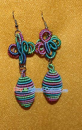 Traditional Chinese Miao Nationality Crafts Jewelry Accessory Classical Earbob Accessories, Hmong Handmade Kinking Palace Lady Earrings, Miao Ethnic Minority Weave Eardrop for Women