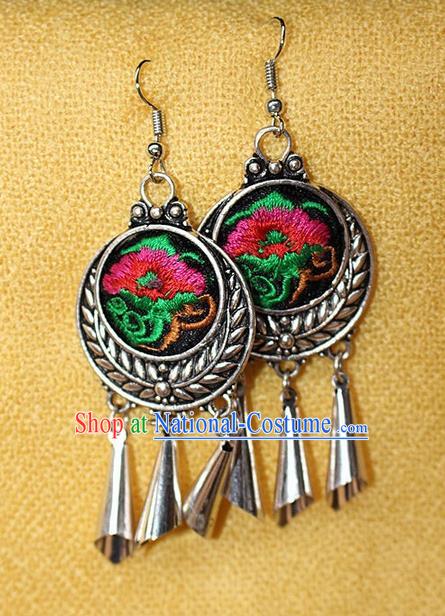 Traditional Chinese Miao Nationality Crafts Jewelry Accessory Classical Earbob Accessories, Hmong Handmade Miao Silver Embroidery Bells Tassel Palace Lady Earrings, Miao Ethnic Minority Eardrop for Women