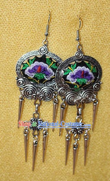 Traditional Chinese Miao Nationality Crafts Jewelry Accessory Classical Earbob Accessories, Hmong Handmade Miao Silver Embroidery Bells Tassel Palace Lady Earrings, Miao Ethnic Minority Eardrop for Women