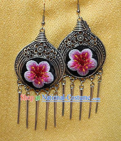 Traditional Chinese Miao Nationality Crafts Jewelry Accessory Classical Earbob Accessories, Hmong Handmade Miao Silver Embroidery Bells Tassel Palace Lady Earrings, Miao Ethnic Minority Eardrop for Women