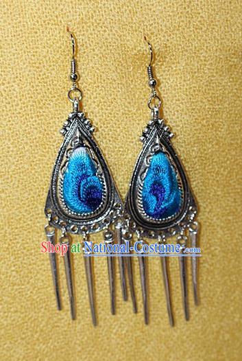 Traditional Chinese Miao Nationality Crafts Jewelry Accessory Classical Earbob Accessories, Hmong Handmade Miao Silver Embroidery Bells Tassel Palace Lady Triangle Earrings, Miao Ethnic Minority Eardrop for Women