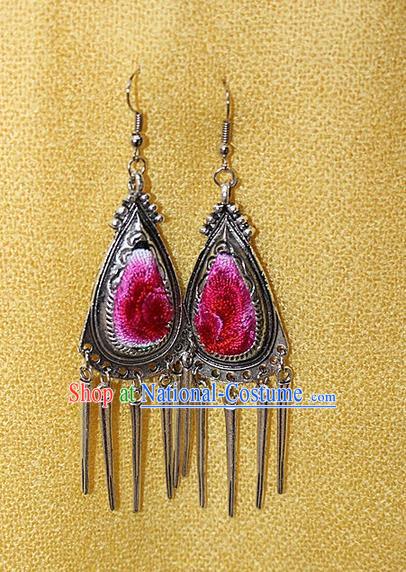 Traditional Chinese Miao Nationality Crafts Jewelry Accessory Classical Earbob Accessories, Hmong Handmade Miao Silver Embroidery Bells Tassel Palace Lady Triangle Earrings, Miao Ethnic Minority Eardrop for Women