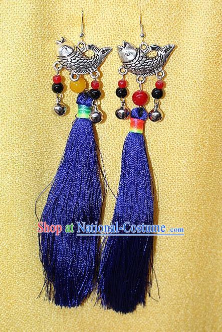 Traditional Chinese Miao Nationality Crafts Jewelry Accessory Classical Earbob Accessories, Hmong Handmade Miao Silver Fish Palace Lady Royalblue Silk Tassel Earrings, Miao Ethnic Minority Eardrop for Women