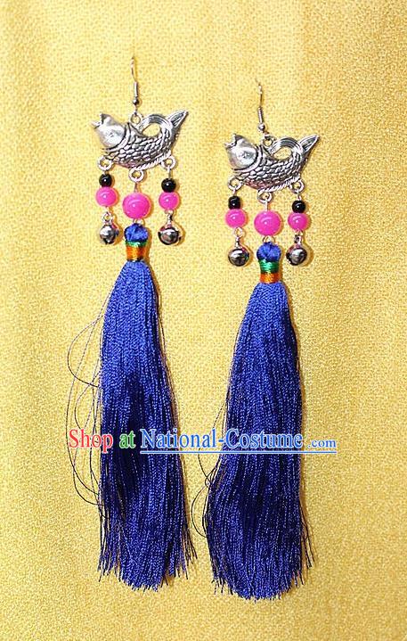 Traditional Chinese Miao Nationality Crafts Jewelry Accessory Classical Earbob Accessories, Hmong Handmade Miao Silver Fish Palace Lady Royalblue Silk Tassel Earrings, Miao Ethnic Minority Eardrop for Women