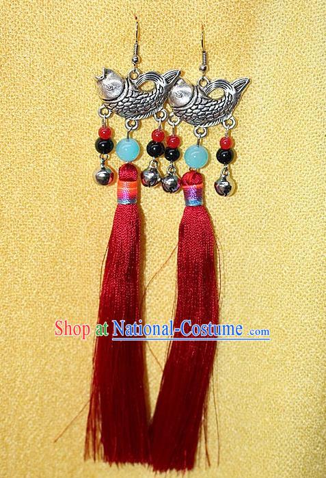 Traditional Chinese Miao Nationality Crafts Jewelry Accessory Classical Earbob Accessories, Hmong Handmade Miao Silver Fish Palace Lady Red Silk Tassel Earrings, Miao Ethnic Minority Eardrop for Women