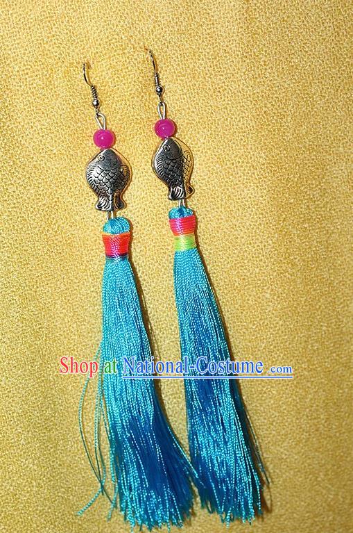 Traditional Chinese Miao Nationality Crafts Jewelry Accessory Classical Earbob Accessories, Hmong Handmade Miao Silver Kiss Fish Palace Lady Blue Silk Tassel Earrings, Miao Ethnic Minority Eardrop for Women