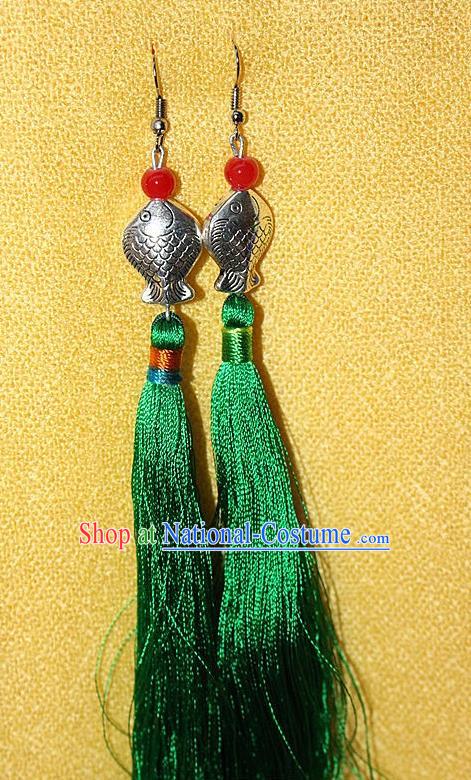 Traditional Chinese Miao Nationality Crafts Jewelry Accessory Classical Earbob Accessories, Hmong Handmade Miao Silver Kiss Fish Palace Lady Green Silk Tassel Earrings, Miao Ethnic Minority Eardrop for Women