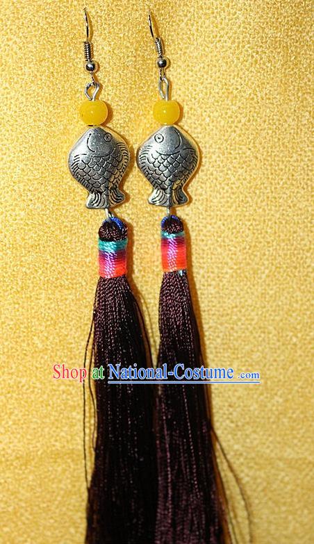 Traditional Chinese Miao Nationality Crafts Jewelry Accessory Classical Earbob Accessories, Hmong Handmade Miao Silver Kiss Fish Palace Lady Black Silk Tassel Earrings, Miao Ethnic Minority Eardrop for Women