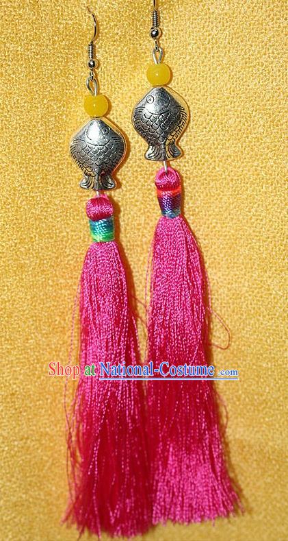 Traditional Chinese Miao Nationality Crafts Jewelry Accessory Classical Earbob Accessories, Hmong Handmade Miao Silver Kiss Fish Palace Lady Pink Silk Tassel Earrings, Miao Ethnic Minority Eardrop for Women