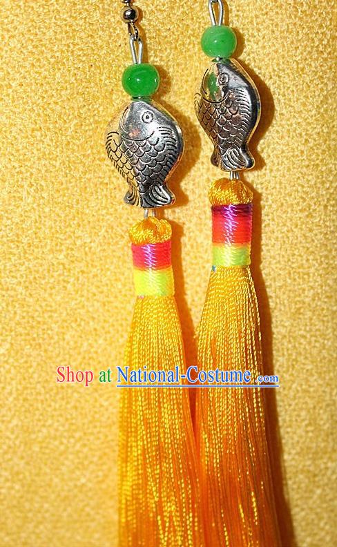 Traditional Chinese Miao Nationality Crafts Jewelry Accessory Classical Earbob Accessories, Hmong Handmade Miao Silver Kiss Fish Palace Lady Yellow Silk Tassel Earrings, Miao Ethnic Minority Eardrop for Women