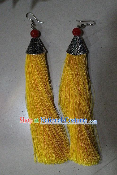 Traditional Chinese Miao Nationality Crafts Jewelry Accessory Classical Earbob Accessories, Hmong Handmade Palace Lady Yellow Silk Tassel Earrings, Miao Ethnic Minority Eardrop for Women