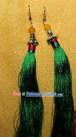 Traditional Chinese Miao Nationality Crafts Jewelry Accessory Classical Earbob Accessories, Hmong Handmade Palace Lady Green Silk Tassel Earrings, Miao Ethnic Minority Eardrop for Women