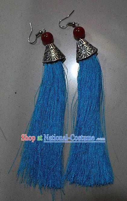 Traditional Chinese Miao Nationality Crafts Jewelry Accessory Classical Earbob Accessories, Hmong Handmade Palace Lady Blue Silk Tassel Earrings, Miao Ethnic Minority Eardrop for Women