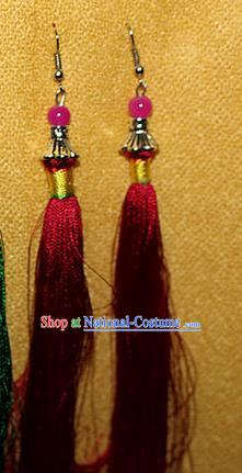 Traditional Chinese Miao Nationality Crafts Jewelry Accessory Classical Earbob Accessories, Hmong Handmade Palace Lady Red Silk Tassel Earrings, Miao Ethnic Minority Eardrop for Women