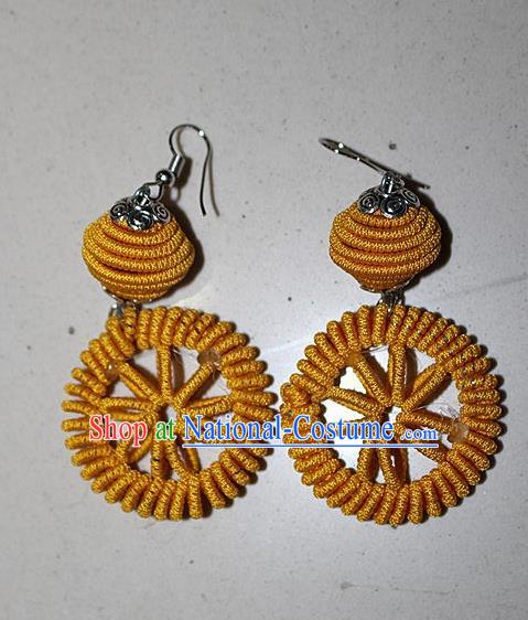 Traditional Chinese Miao Nationality Crafts Jewelry Accessory Classical Earbob Accessories, Hmong Handmade Kinking Palace Lady Round Earrings, Miao Ethnic Minority Weave Eardrop for Women