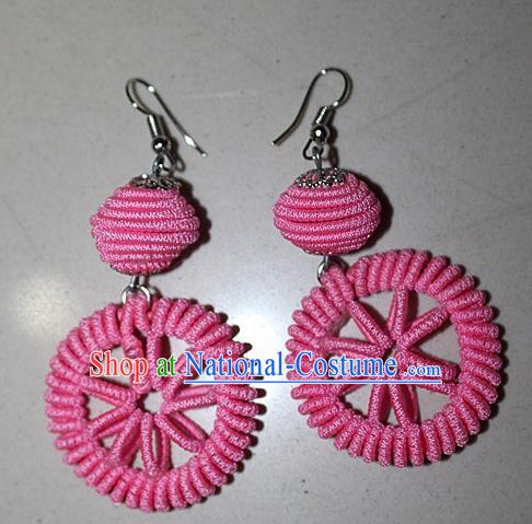 Traditional Chinese Miao Nationality Crafts Jewelry Accessory Classical Earbob Accessories, Hmong Handmade Kinking Palace Lady Round Pink Earrings, Miao Ethnic Minority Weave Eardrop for Women