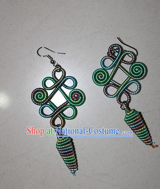 Traditional Chinese Miao Nationality Crafts Jewelry Accessory Classical Earbob Accessories, Hmong Handmade Kinking Palace Lady Earrings, Miao Ethnic Minority Weave Eardrop for Women