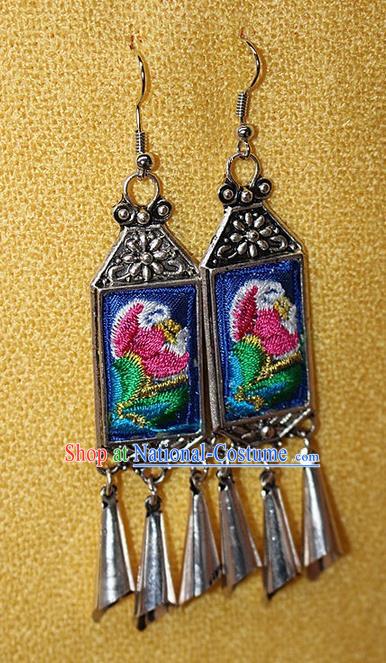 Traditional Chinese Miao Nationality Crafts Jewelry Accessory Classical Earbob Accessories, Hmong Handmade Miao Silver Palace Lady Tassel Embroidery Flowers Earrings, Miao Ethnic Minority Eardrop for Women