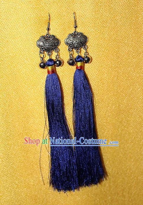 Traditional Chinese Miao Nationality Crafts Jewelry Accessory Classical Earbob Accessories, Hmong Handmade Miao Silver Longevity Lock Palace Lady Royalblue Silk Tassel Earrings, Miao Ethnic Minority Eardrop for Women