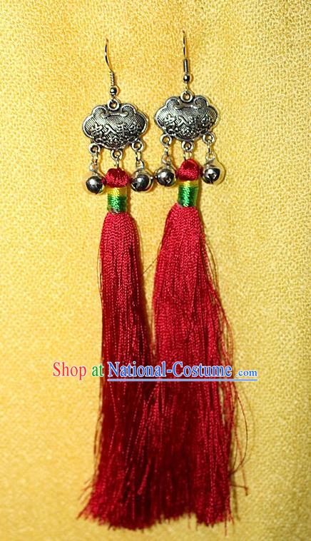 Traditional Chinese Miao Nationality Crafts Jewelry Accessory Classical Earbob Accessories, Hmong Handmade Miao Silver Longevity Lock Palace Lady Red Silk Tassel Earrings, Miao Ethnic Minority Eardrop for Women