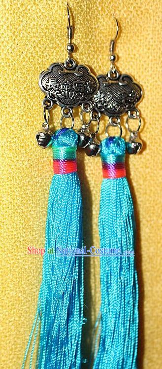 Traditional Chinese Miao Nationality Crafts Jewelry Accessory Classical Earbob Accessories, Hmong Handmade Miao Silver Longevity Lock Palace Lady Blue Silk Tassel Earrings, Miao Ethnic Minority Eardrop for Women