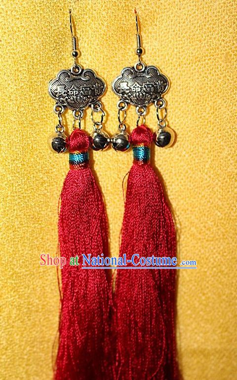 Traditional Chinese Miao Nationality Crafts Jewelry Accessory Classical Earbob Accessories, Hmong Handmade Miao Silver Longevity Lock Palace Lady Red Silk Tassel Earrings, Miao Ethnic Minority Eardrop for Women