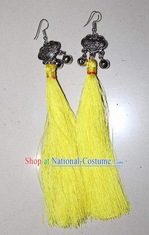 Traditional Chinese Miao Nationality Crafts Jewelry Accessory Classical Earbob Accessories, Hmong Handmade Miao Silver Longevity Lock Palace Lady Yellow Silk Tassel Earrings, Miao Ethnic Minority Eardrop for Women